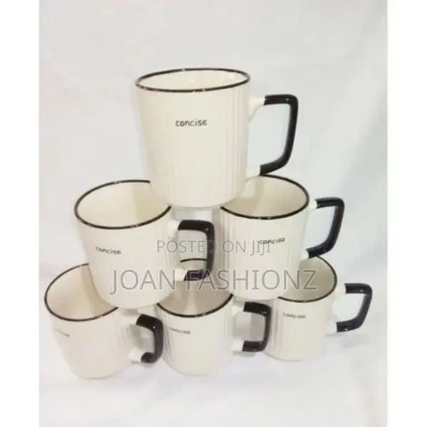 6 Tea Cups With Black Handles-White