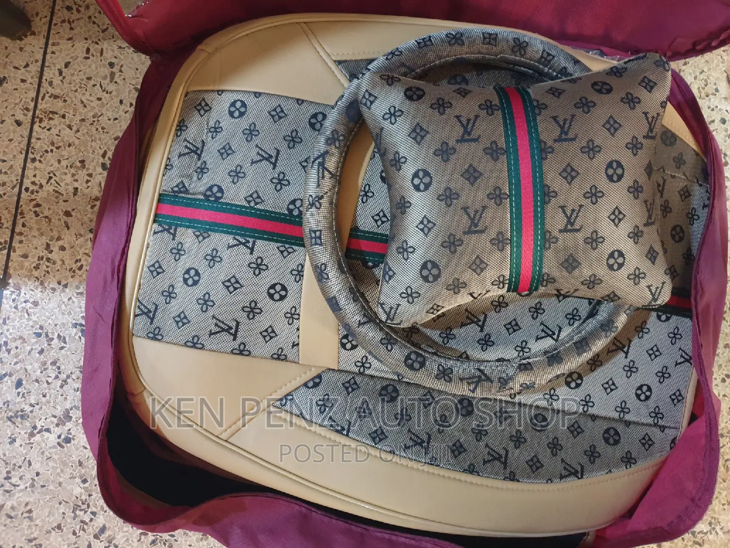 Cream Louis Vuitton and Gucci Label Car Seat Covers