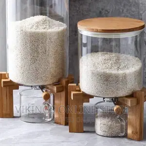 Glass Food Dispenser With Airtight Bamboo Lid Wooden Stand