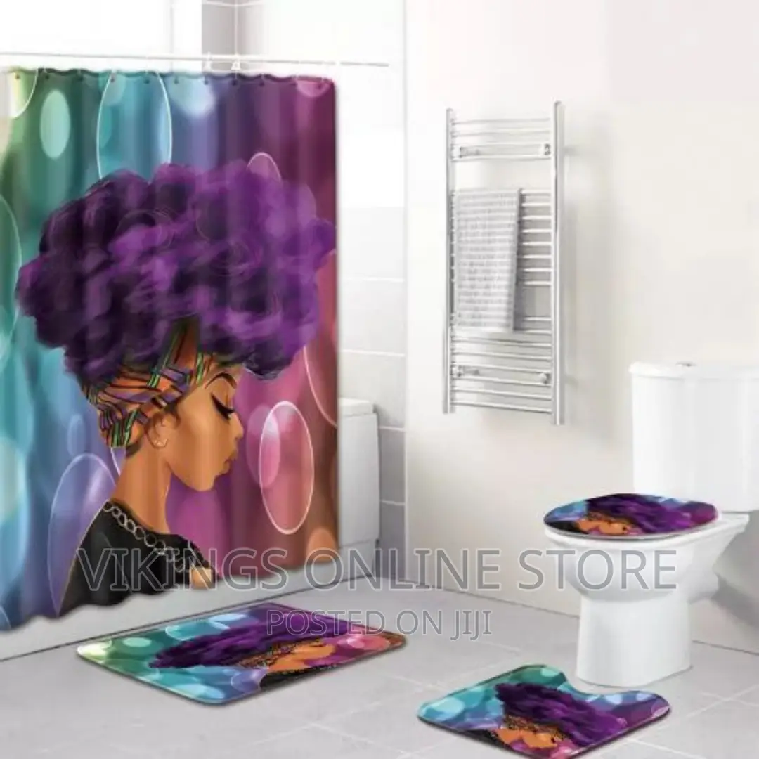 4pc Shower Curtain With Toilet Mats Non-Slip Bathroom Rugs