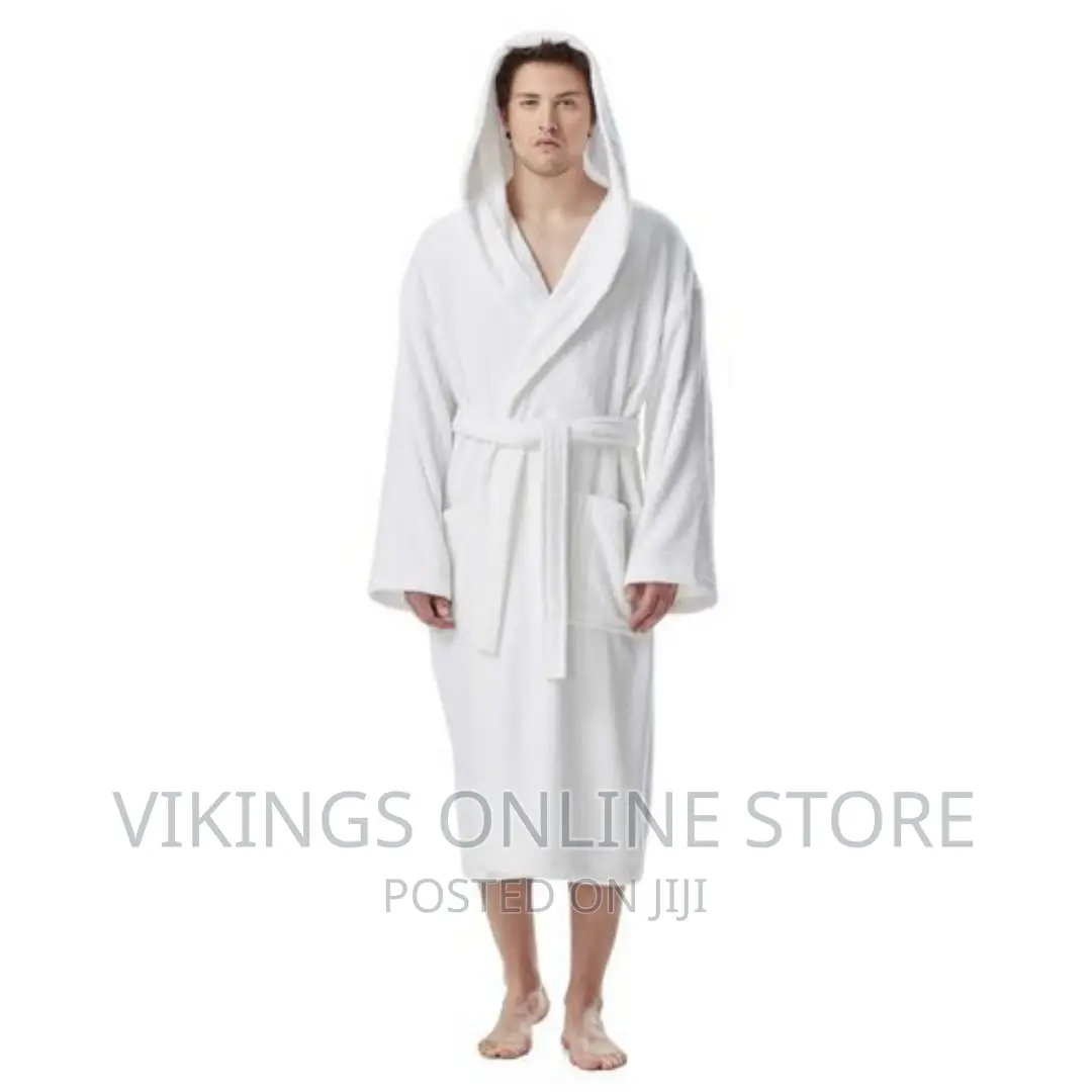 Hooded Unisex Bathrobe With Designs/ Embroidery – White