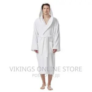 Hooded Unisex Bathrobe With Designs/ Embroidery – White