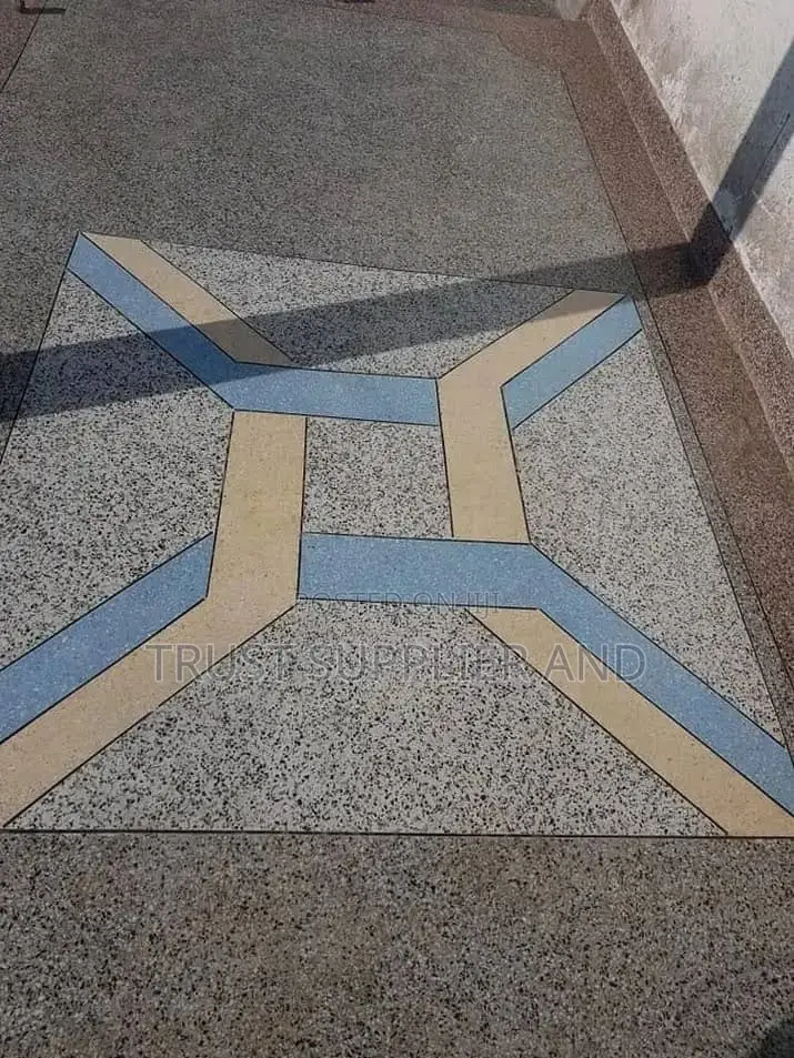 Grey Terrazo With Blue and Yellow Designs