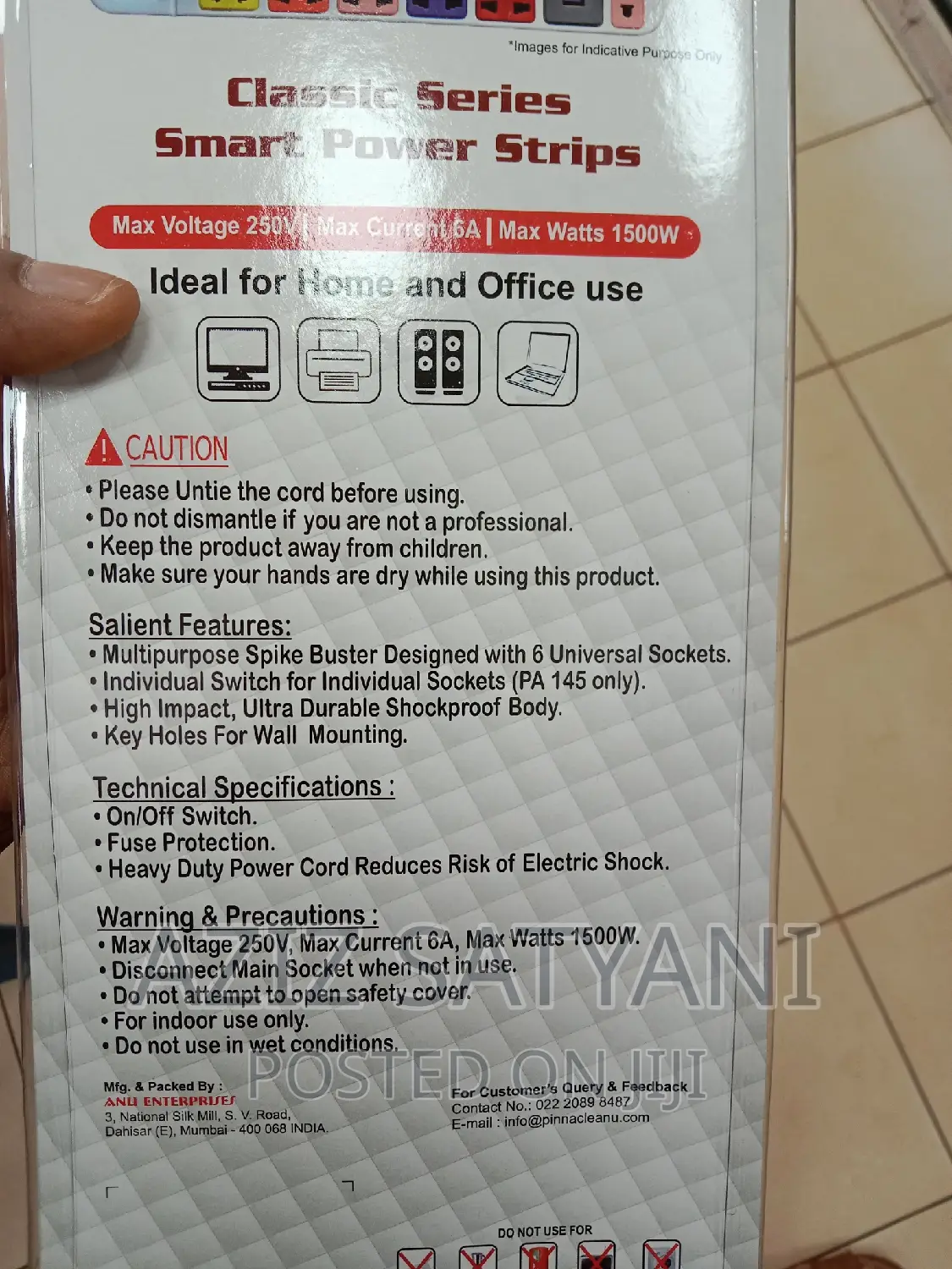 Pinacle Power Strip With 6 Univ 3 Pin With One 2 Pin Socket