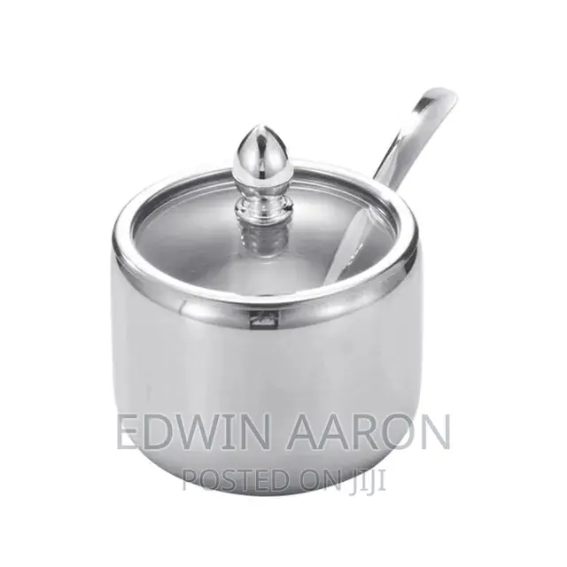 Stainless Steel Sugar Bowl With a Spoon and Glass Lid