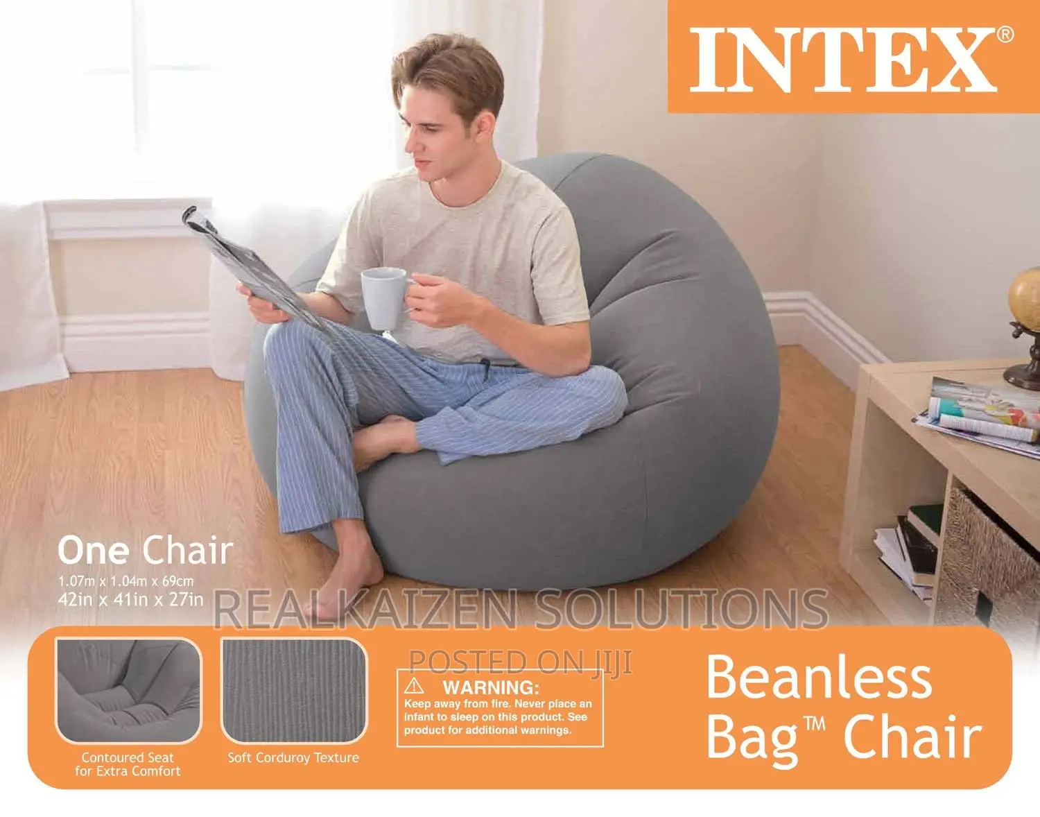 Intex Inflatable Contoured Gray Beanless Bag Lounge Chair
