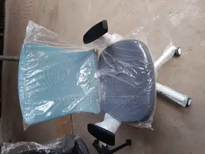 Blue and White Chair With Adjustable Arms