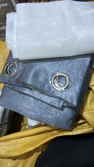Plain Gray Already Made 3pcs Curtains With Net