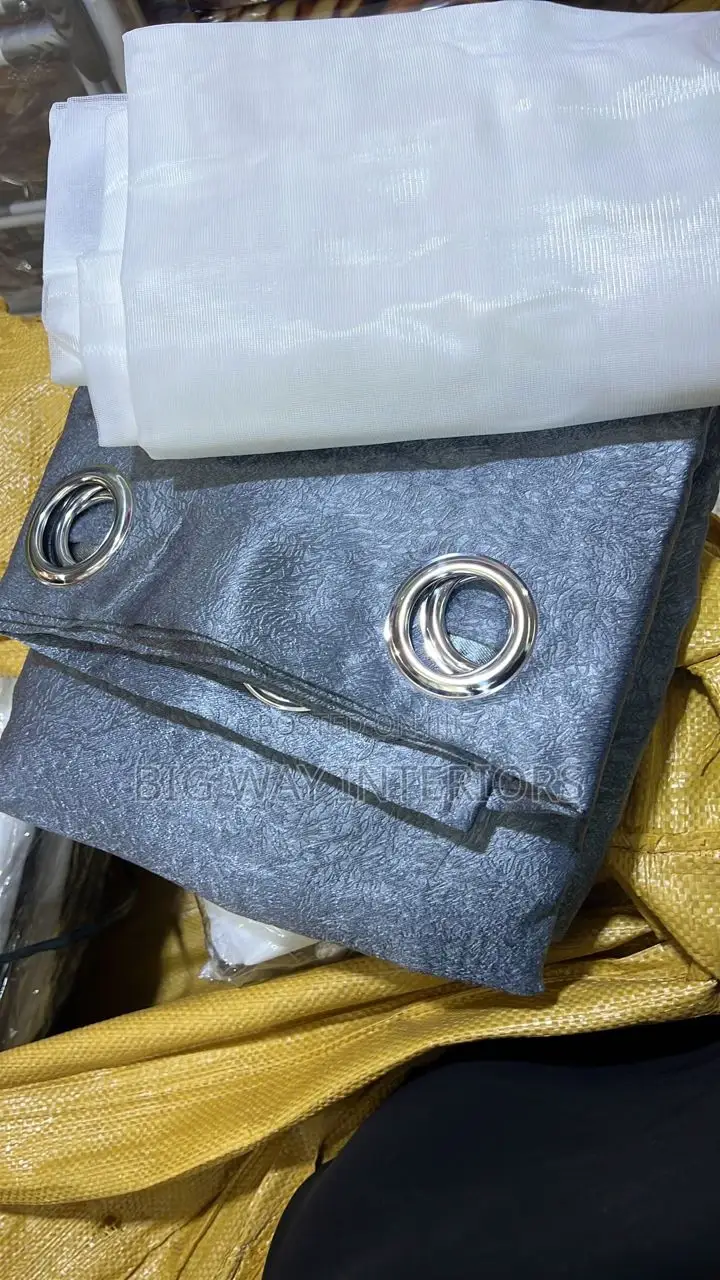 Plain Gray Already Made 3pcs Curtains With Net