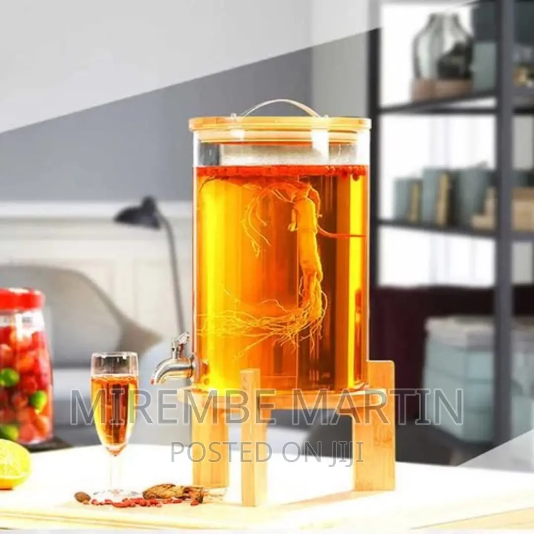 Drinks Dispenser Jar With Tap, Spigot, Lid and Wooden Stand