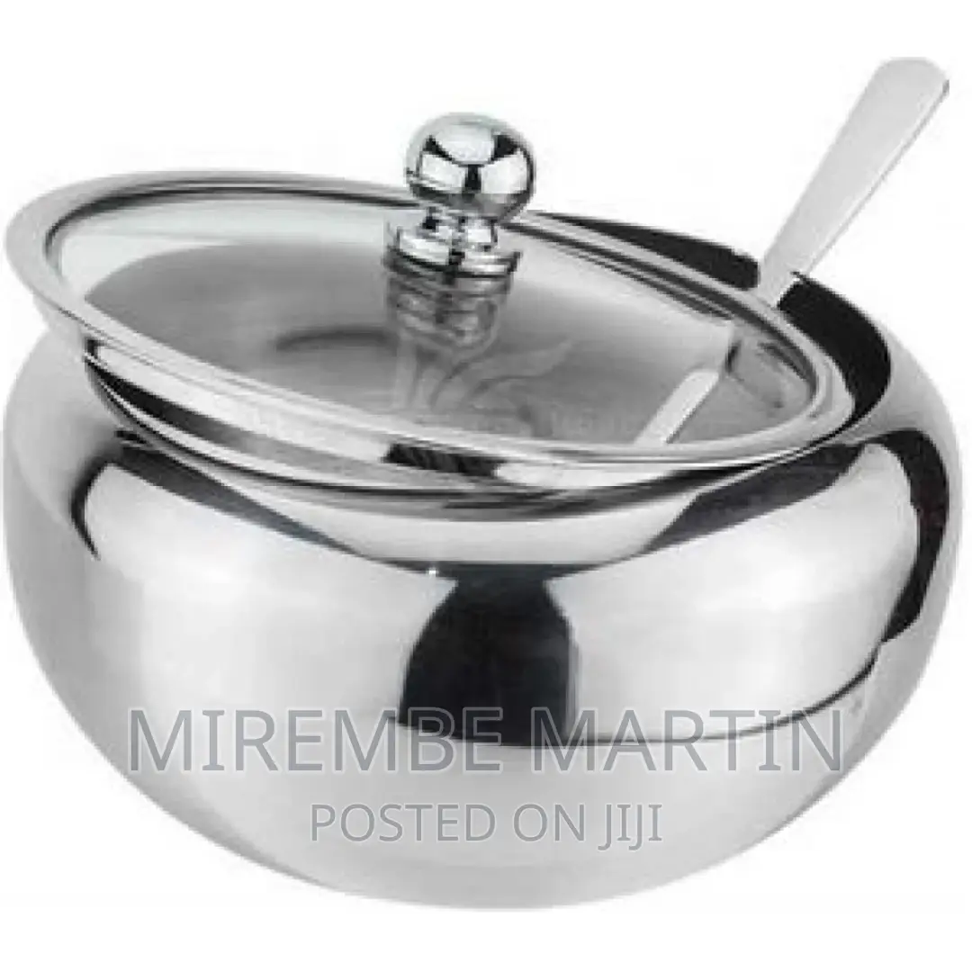 Steel Sugar Bowl With Spoon and Glass Lid