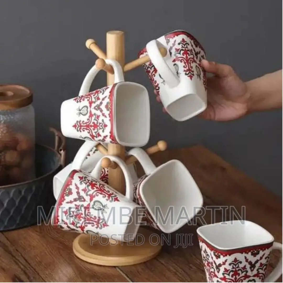 White Flowered Mugs Cups With Bamboo Stand Tree Holder