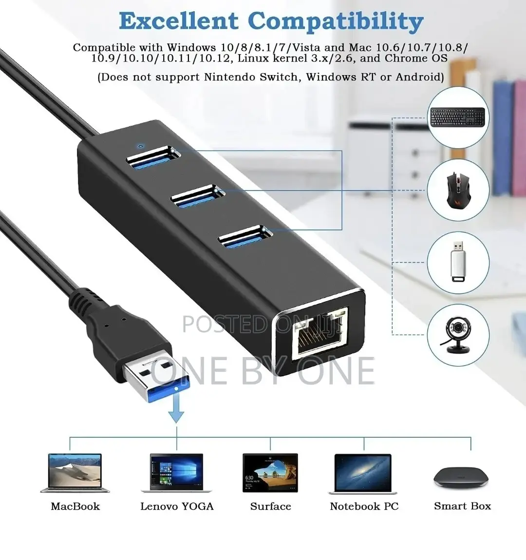 USB Hub 3.0 With 3 Ports, RJ45 Gigabit USB LAN Adapter