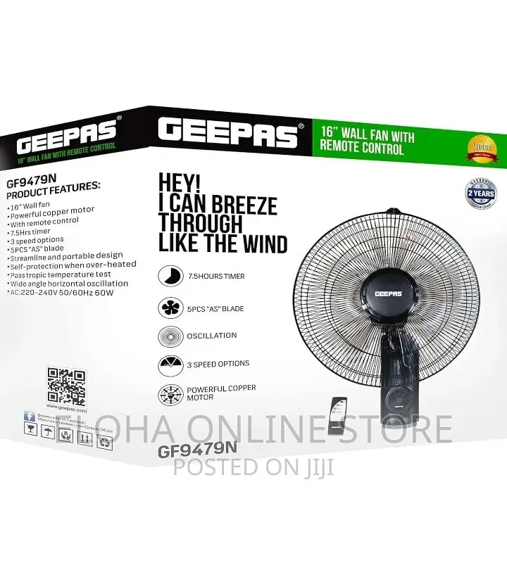 Geepas 16 Inch Wall Mounted Fan With Remote