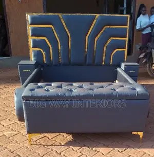 5by6 Gray Leather Bed With Bedsides and Ottoman