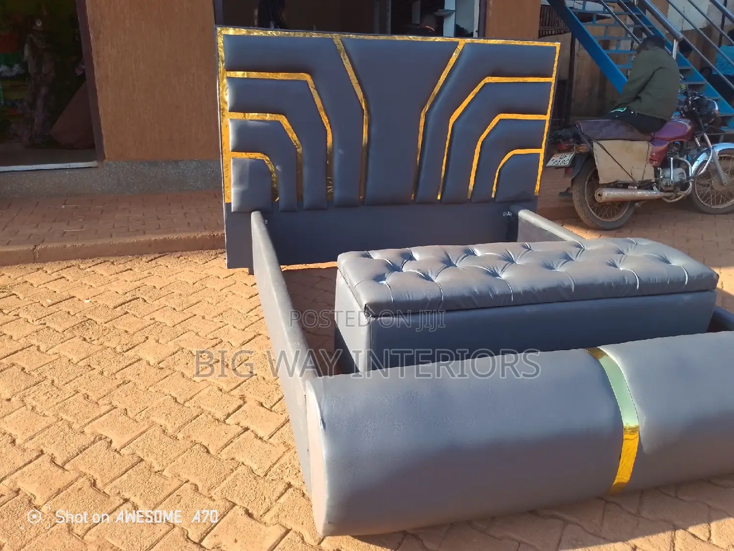 5x6 Gray Leather Bed With Ottoman and Bedsides