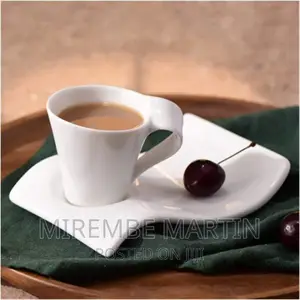 Elegant Ceramic 6 Pieces Cups and 6 Wavy Saucers-White