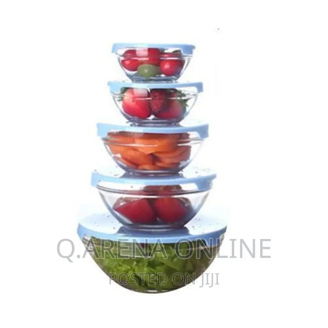 5 PCS Glass Bowl Set - Transparent, Lids Color May Vary