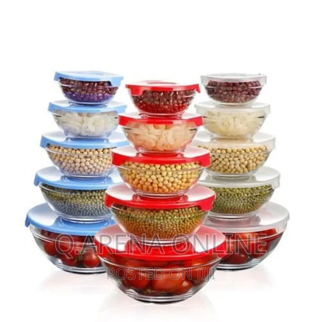 5 PCS Glass Bowl Set - Transparent, Lids Color May Vary