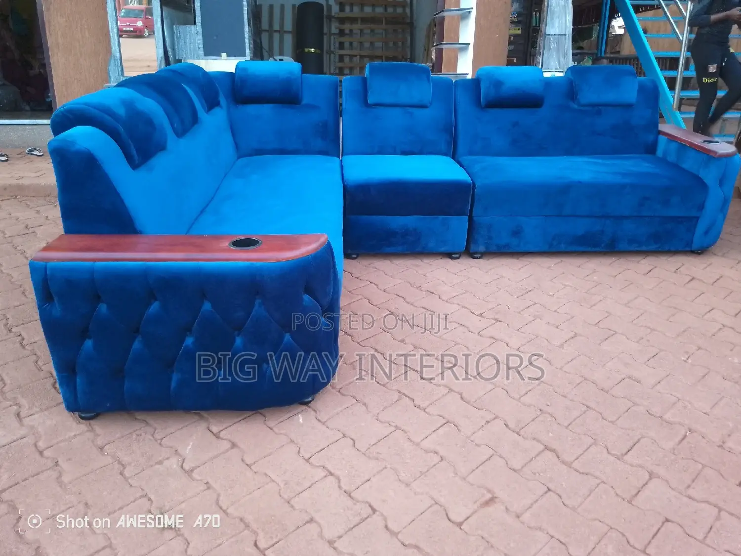 L Fashioned Sofa Set Blue 6 Seater