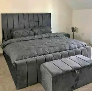 Gray Fabric Bed 5by6 With Ottoman and Bedsides