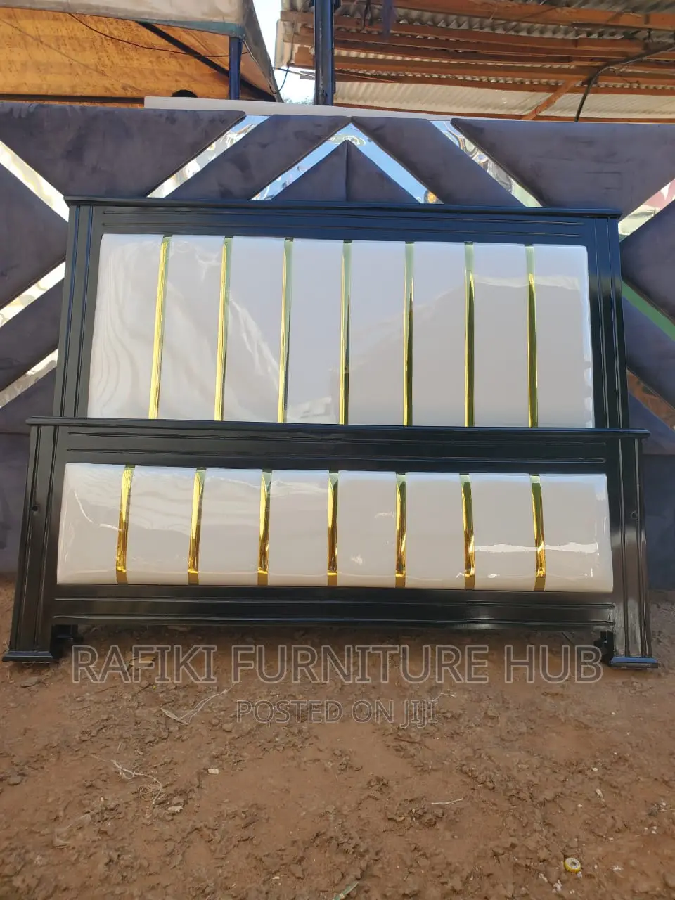 White Leather Bed With Gold Sticker