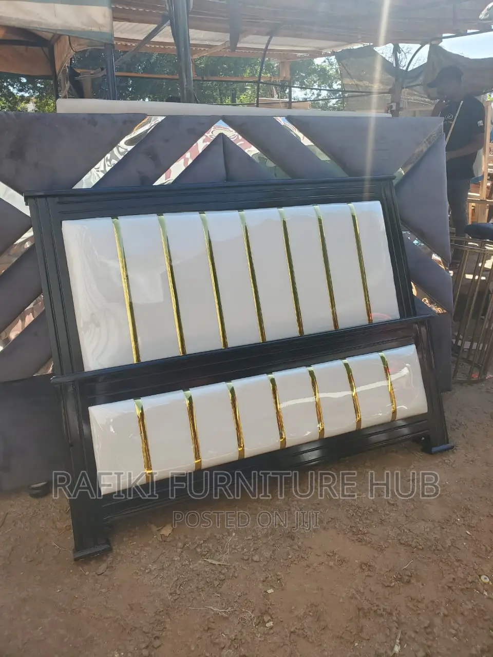 White Leather Bed With Gold Sticker