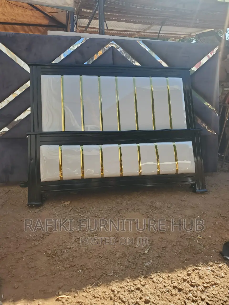 White Leather Bed With Gold Sticker
