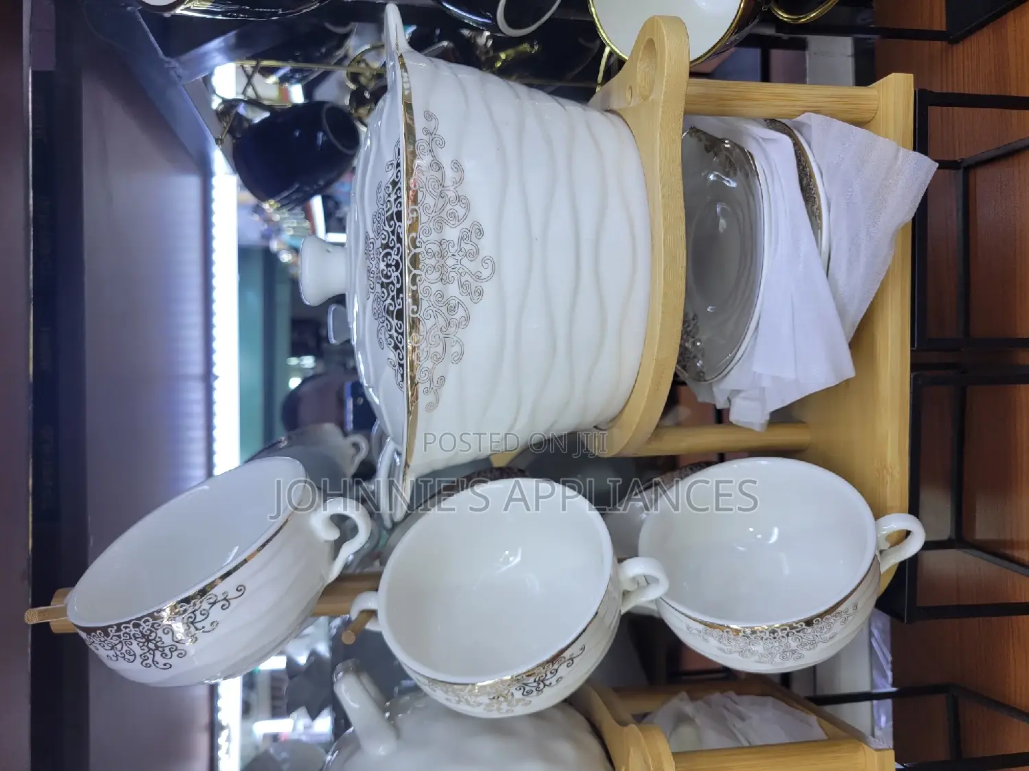 Ceramic Soup Set Cup And Saucer With Bowl On Bambo Stand