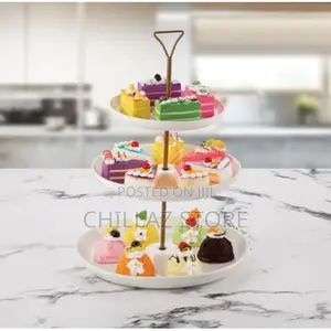 3 Tier Porcelain Round Cake Plate With Gold Stand, White