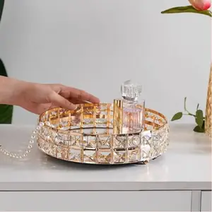 Decorative Crystal Mirror Tray Gold Round Mirrorred Plate