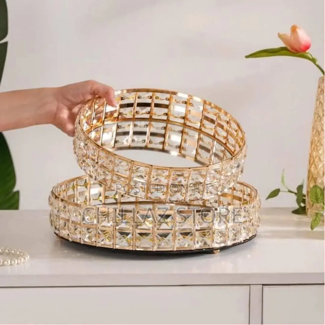 Decorative Crystal Mirror Tray Gold Round Mirrorred Plate