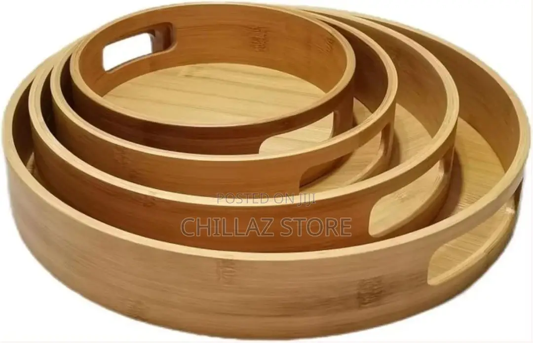 Set of 4 Bamboo Wood Natural Round Party Bar Serving Trays