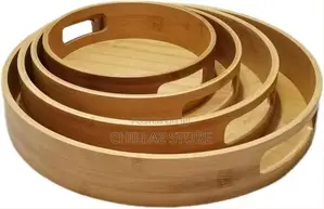 Set of 4 Bamboo Wood Natural Round Party Bar Serving Trays