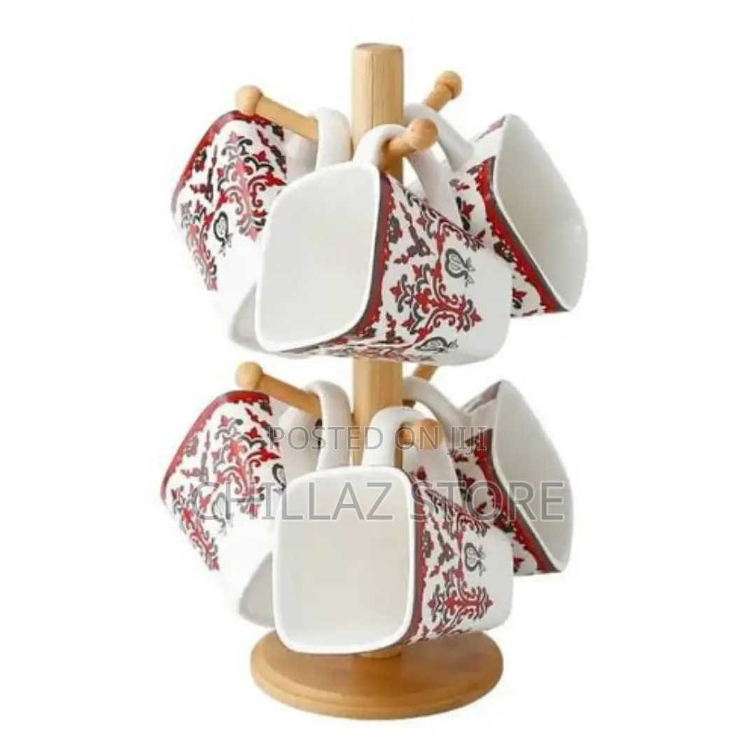 6 White Flowered Mugs Cups With Bamboo Stand Tree Holder
