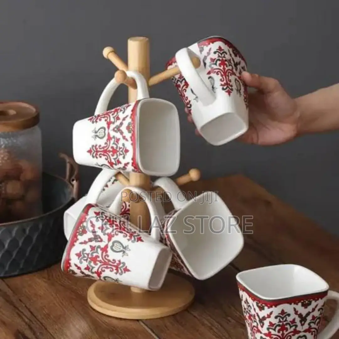 6 White Flowered Mugs Cups With Bamboo Stand Tree Holder
