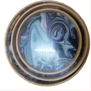 TRAY 3 Piece Round Heavy Marble Bamboo Wooden Servingtrays