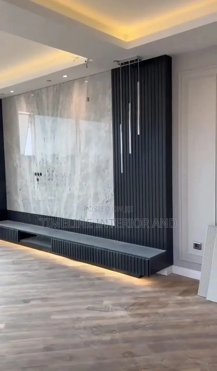 TV Unit PVC Marble Sheet With Fluted Panels