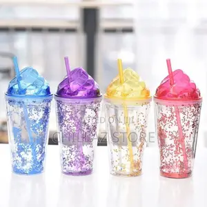 2-Layerice Cream Smoothie Juice Bottle Cup Kettle With Straw