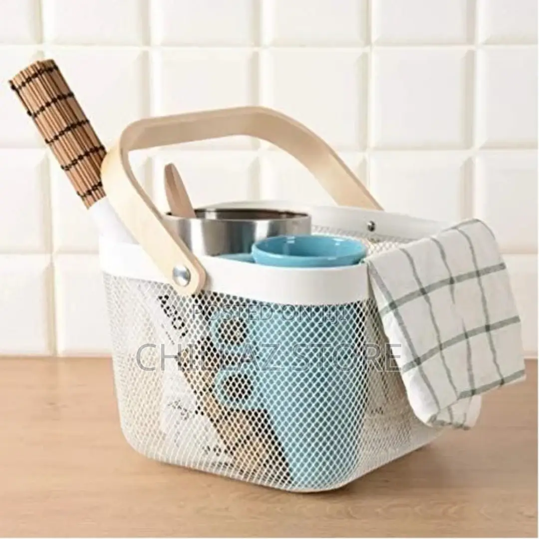 Square Metal Mesh Fruit Shopping Wooden Storage Basket