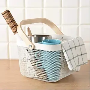 Square Metal Mesh Fruit Shopping Wooden Storage Basket