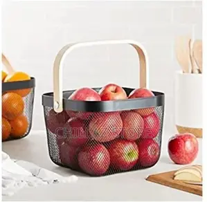 Square Metal Mesh Fruit Shopping Wooden Storage Basket