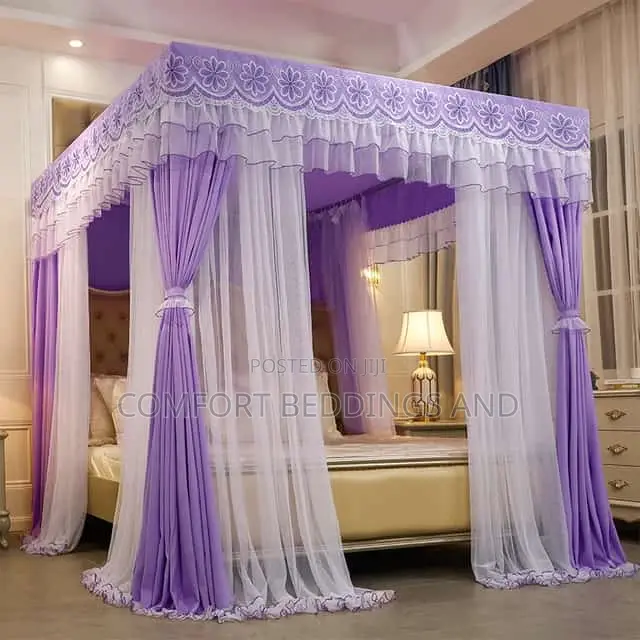 Luxury Four Stand Mosquito Net With Curtain Purple