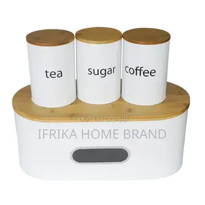 White Bread Box With Bamboo Board Cover Metal Bin and 3pcs