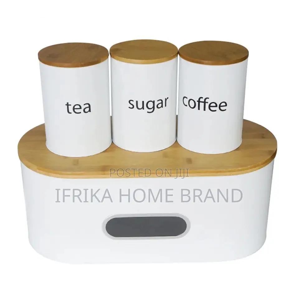 White Bread Box With Bamboo Board Cover Metal Bin and 3pcs