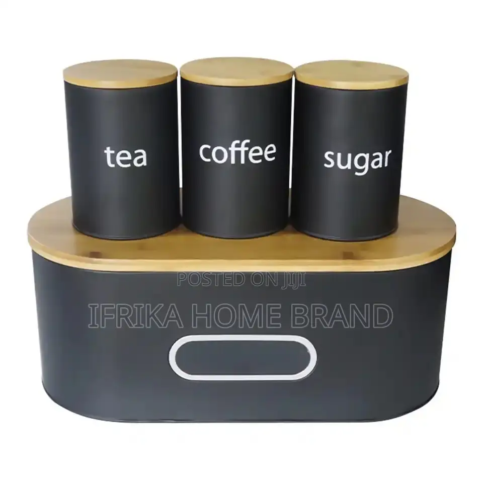 White Bread Box With Bamboo Board Cover Metal Bin and 3pcs