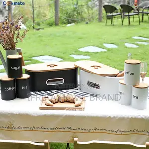 White Bread Box With Bamboo Board Cover Metal Bin and 3pcs