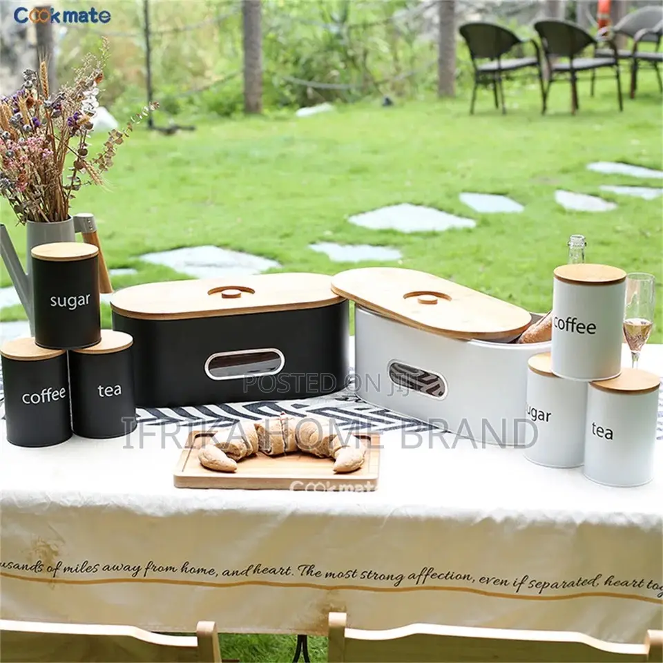 White Bread Box With Bamboo Board Cover Metal Bin and 3pcs