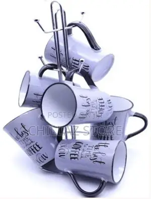 6 Pieces of Blue Cups Mugs With Black Wordings –