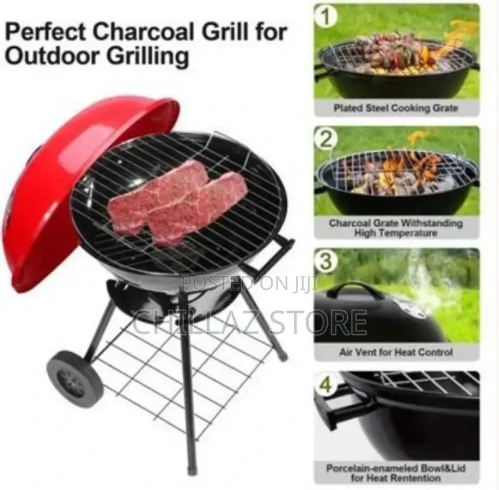 Portable Metal Kettle Trolley Barbecue Wood Charcoal Grill,